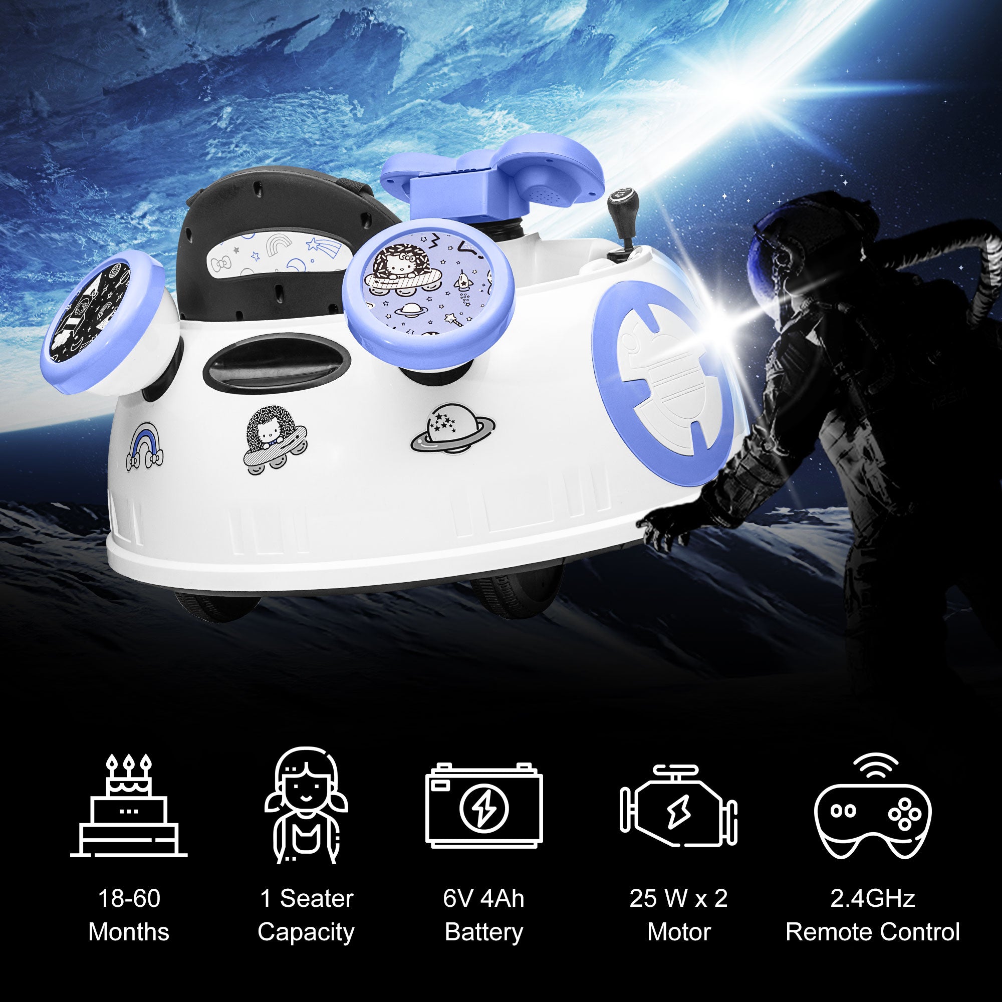Hello Kitty Space Explorer Bumper Car - 6V Remote Control Car for Toddlers 1.5-5 Years Old, Toddler Car with Dual Motor & Seat Belts, Perfect Baby Car for Your Little One's Adventures