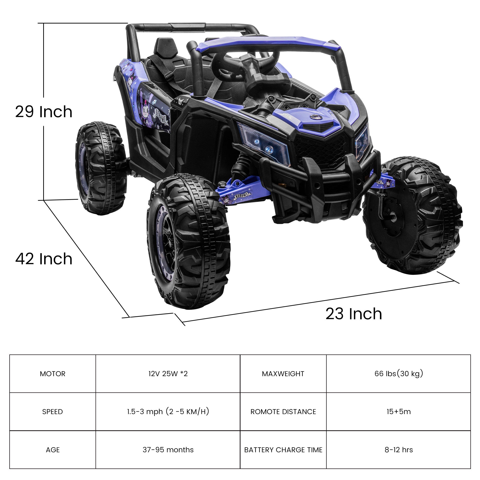 Kuromi Adventure UTV 12V Power Wheels: Battery Powered Ride On Toys for Kids 3-8, with Dual Motors, Parent Remote Control, LED Lights, Seat Belt and Dual Openable Doors